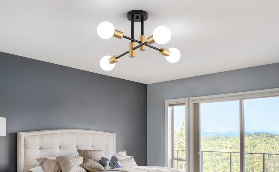 Black and Gold Modern Sputnik Chandelier Ceiling Light Fixtures,4-Lights Mid Century Industrial Metal Semi Flush Mount Ceiling Lights for Bedroom Kitchen Hallway Entryway Office UL Listed